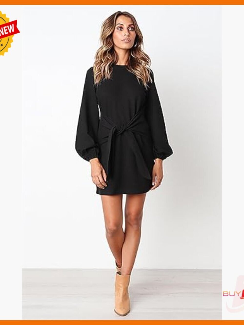 Long Sleeve Knit Cocktail Dress with Tie Waist and Lantern Sleeves - Picture 5 of 7